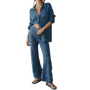 Free People Beach Med Get Away Fauxchet Cardi & Pant 2 Piece Set Peacock Plume